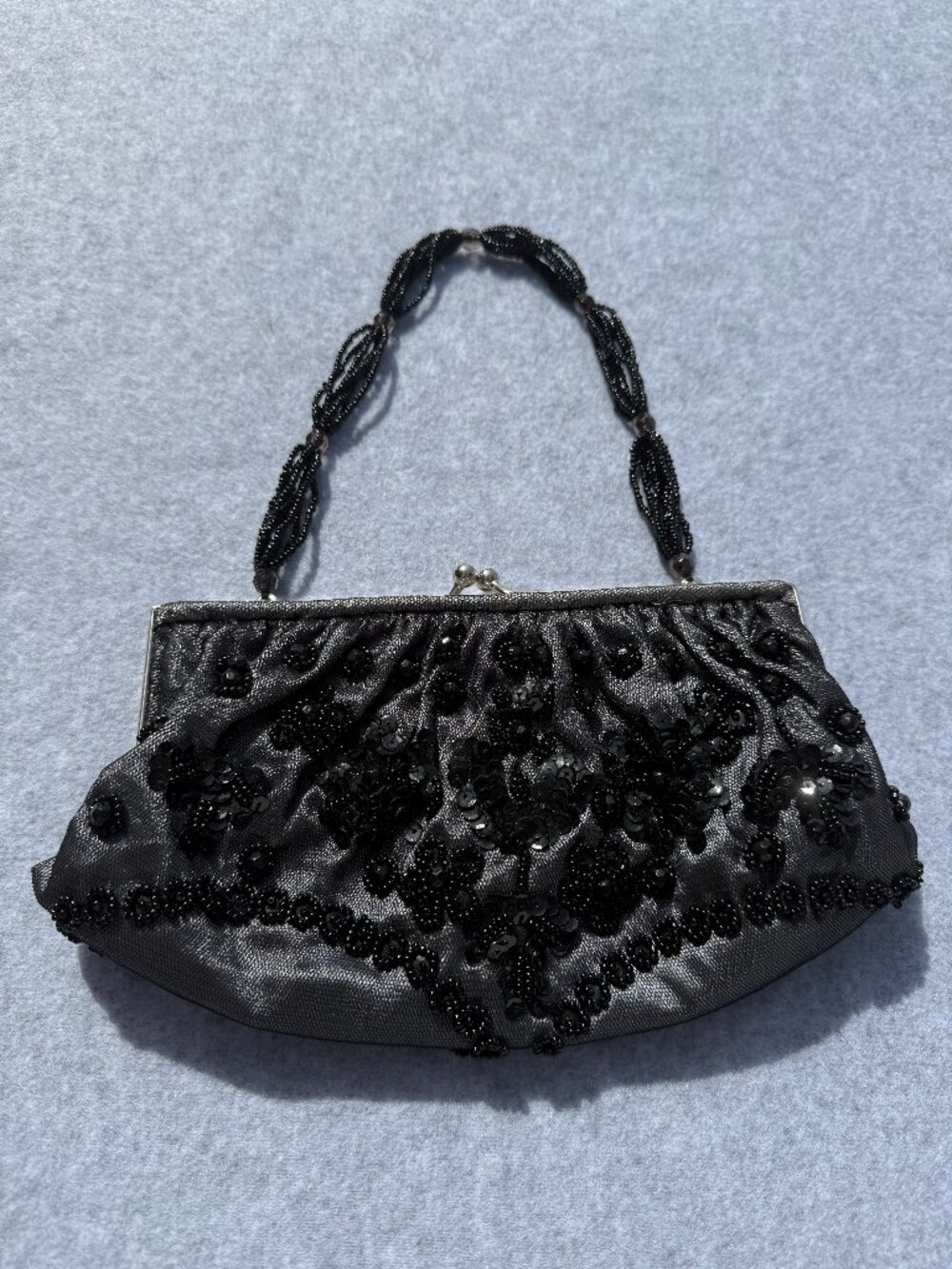 Vintage La Regale Black Beaded & Sequined Evening Clutch Purse Prom Wedding